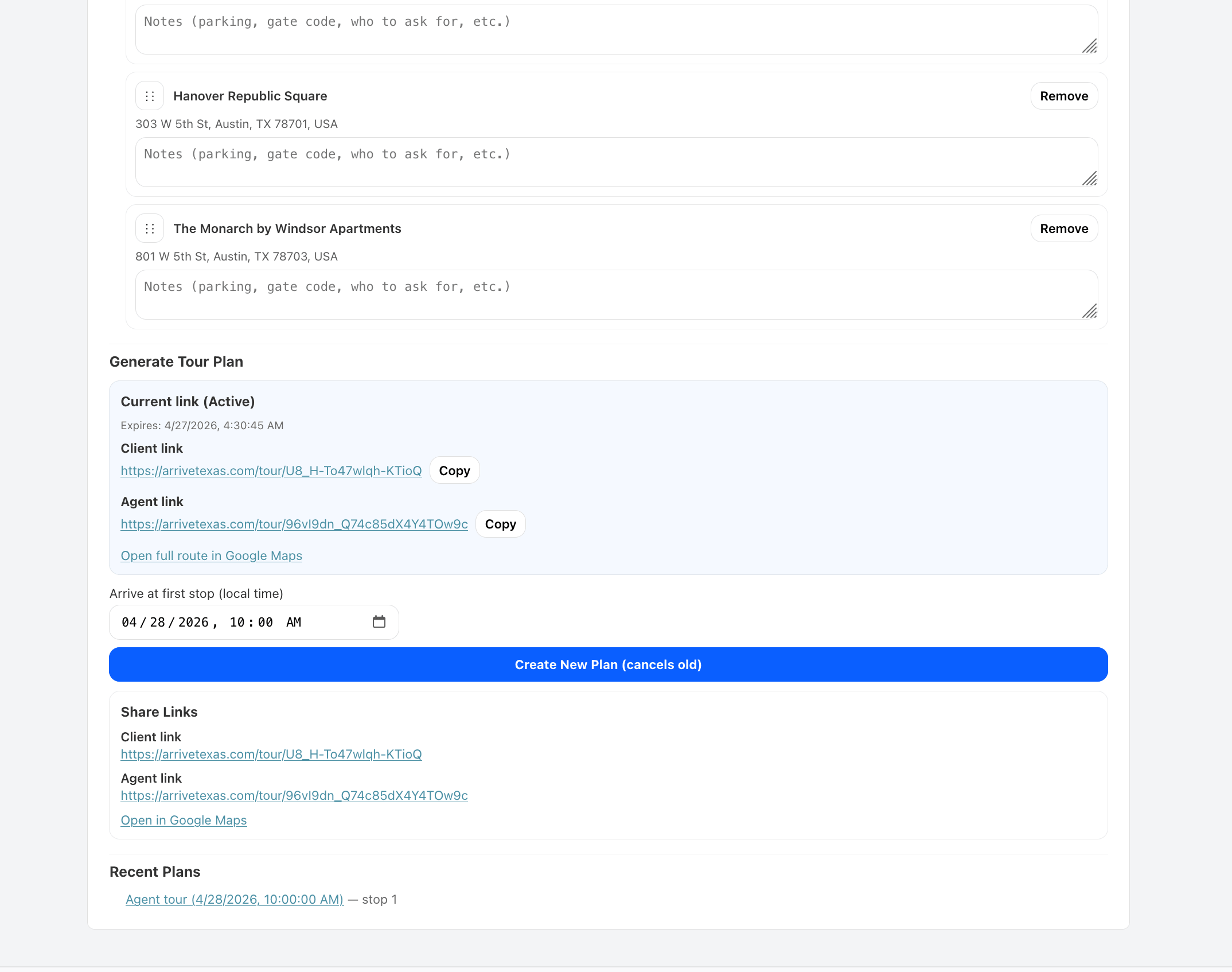 Tour builder with share links generated